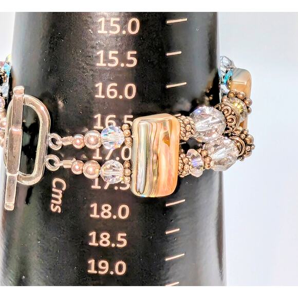 Signed Abalone Shell Chunks AB Crystal Sterling Beaded Toggle Clasp Bracelet - Picture 5 of 15
